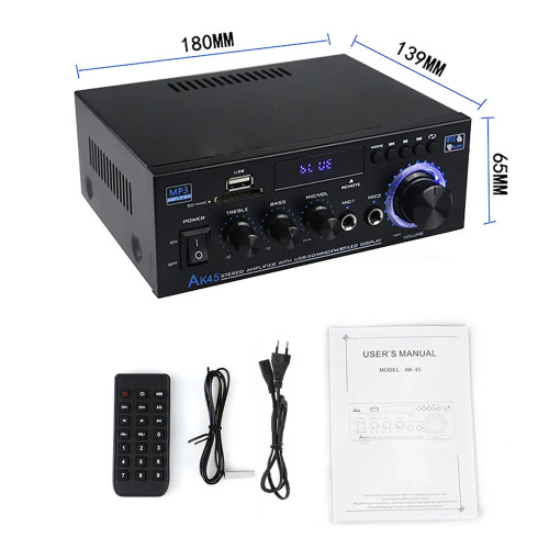 Amplificator digital, statie audio Woopker HiFi AK45, 2x40W RMS, Bluetooth, MP3, Radio FM, USB, Slot SD, Karaoke, 12V, 90-240V, telecomanda
