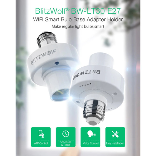 Fasung dulie inteligenta pentru bec, cu control vocal BlitzWolf BW-LT30 E27 WIFI. Functioneaza din aplicatia de pe telefon, cu Alexa si Google Assistant