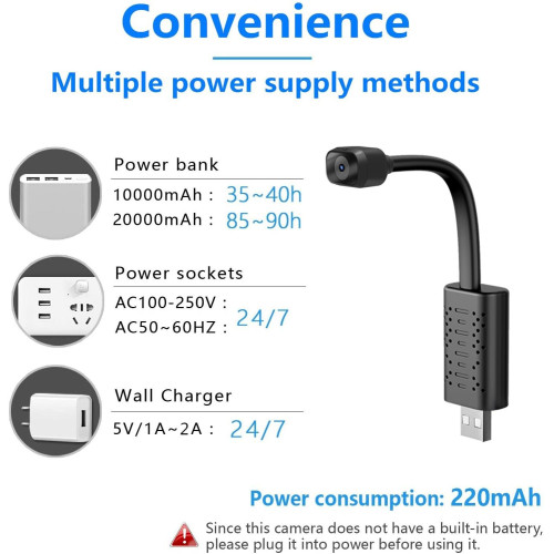 Camera ascunsa 1080P Evkvo USB-21, cu Wifi, aplicatie telefon, detectie miscare, micro-SD