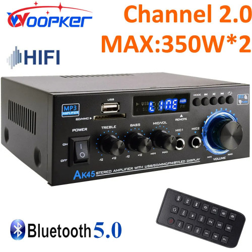 Amplificator digital, statie audio Woopker HiFi AK45, 2x40W RMS, Bluetooth, MP3, Radio FM, USB, Slot SD, Karaoke, 12V, 90-240V, telecomanda