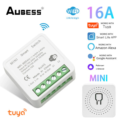 Comutator inteligent mini, WiFi, 16A Smart Home, cu control din telefon cu Tuya, Smart Life si control vocal prin Alexa si Google Home, control bidirectional
